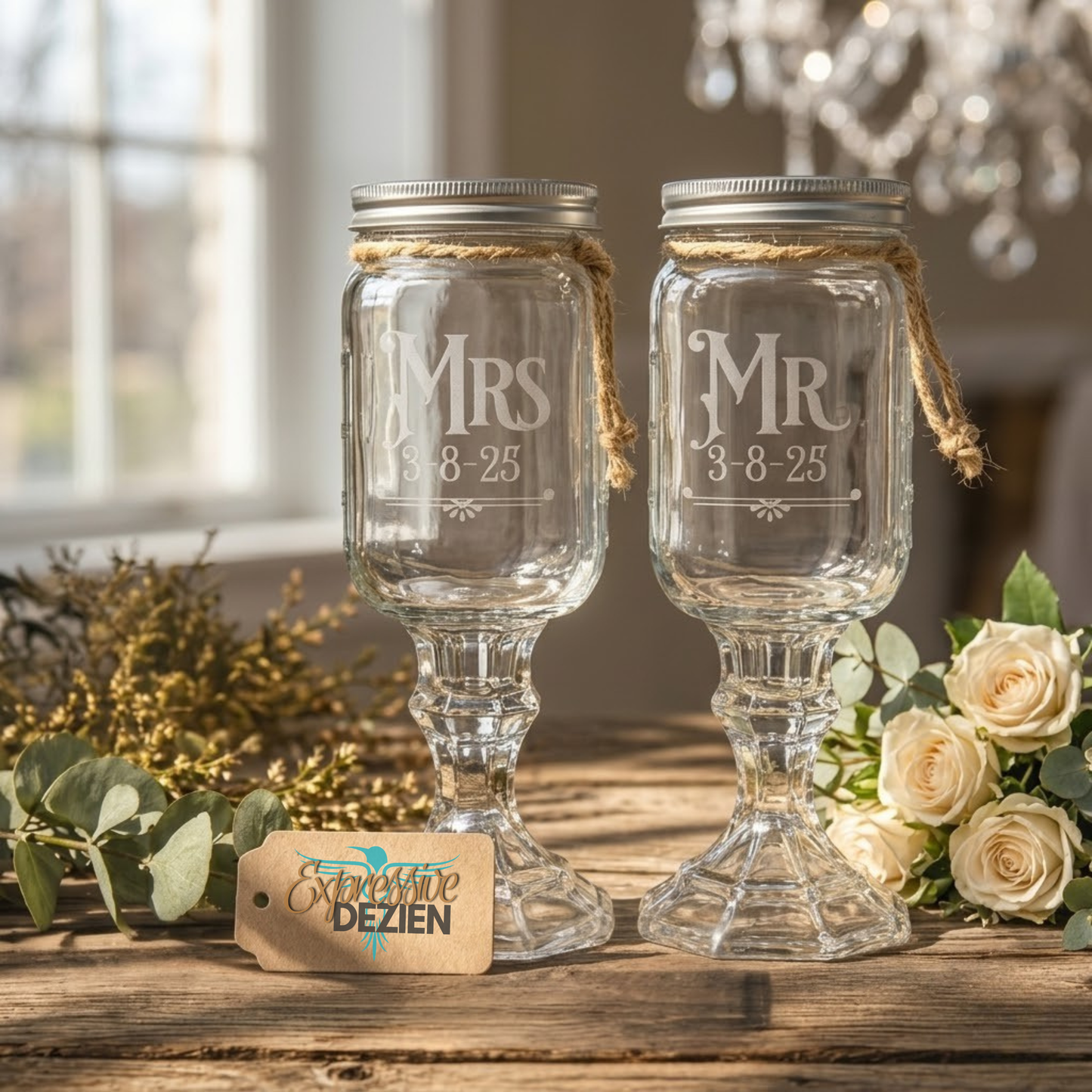 Rustic Wedding Toasting Glasses | Royal Font | Personalized Handmade | Deep Etched Glass | Expressive DeZien