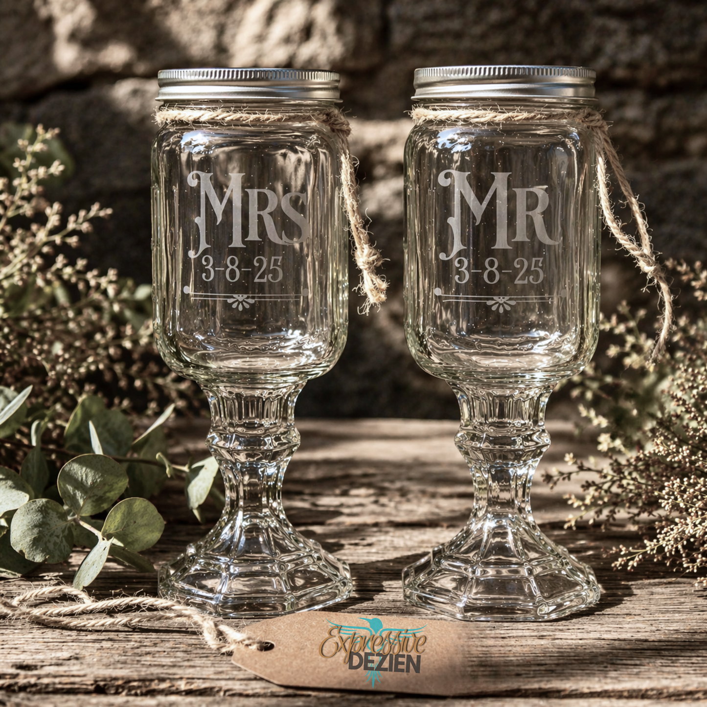 Rustic Wedding Toasting Glasses | Royal Font | Personalized Handmade | Deep Etched Glass | Expressive DeZien