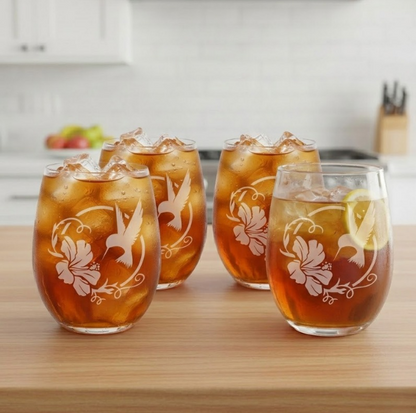 Etched Stemless Wine Glass 20.5oz | Hummingbird Hibiscus | Deep Carved Sandblasted Glass | Expressive DeZien