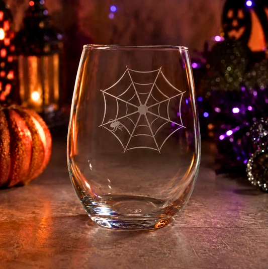 Etched Stemless Wine Glass 20.5oz | Spider Web | Deep Carved Sandblasted Glass | Expressive DeZien
