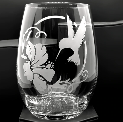 Etched Hummingbird Stemless Wine glass