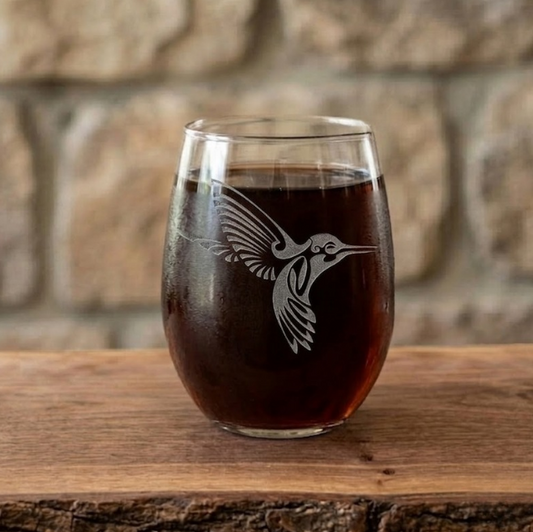 Etched Stemless Wine Glass 20.5oz | Tribal Hummingbird | Deep Carved Sandblasted Glass | Expressive DeZien