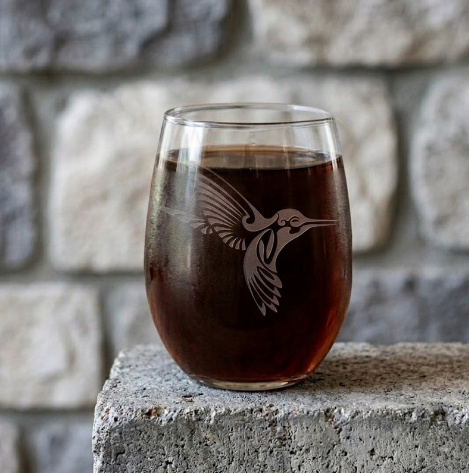 Etched Stemless Wine Glass 20.5oz | Tribal Hummingbird | Deep Carved Sandblasted Glass | Expressive DeZien
