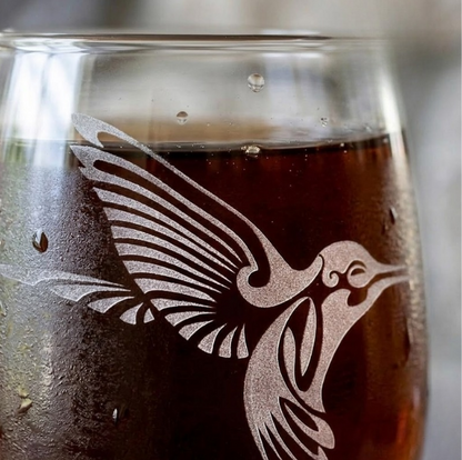 Etched Stemless Wine Glass 20.5oz | Tribal Hummingbird | Deep Carved Sandblasted Glass | Expressive DeZien