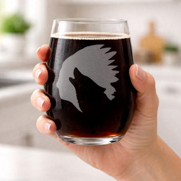 Etched Stemless Wine Glass 20.5oz | Native Wolf | Deep Carved Sandblasted Glass | Expressive DeZien