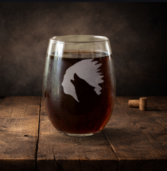 Etched Stemless Wine Glass 20.5oz | Native Wolf | Deep Carved Sandblasted Glass | Expressive DeZien