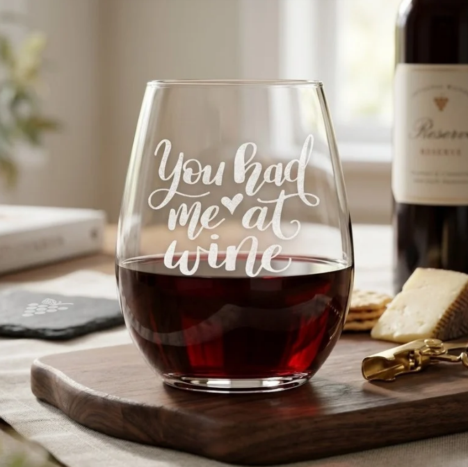 Etched Stemless Wine Glass 20.5oz | You Had Me at Wine | Deep Carved Sandblasted Glass