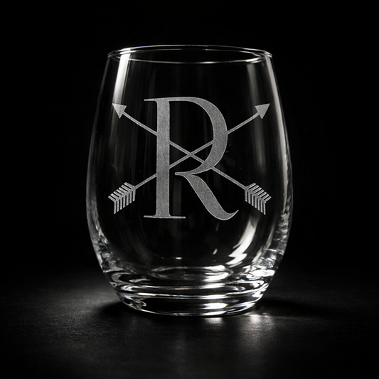 Stemless Wine Glass 20.5 oz Crossed Arrow Custom Monogram Etched Glass