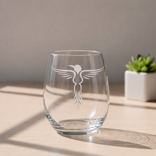 Stemless wine glass with a RisingHummingbirdTribal