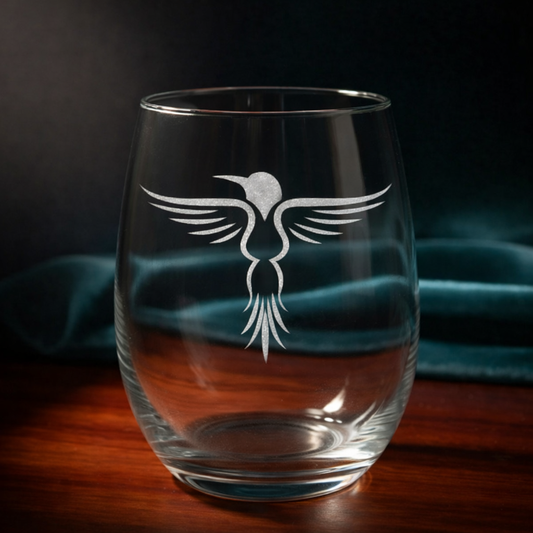 Stemless wine glass with a Rising Hummingbird Tribal