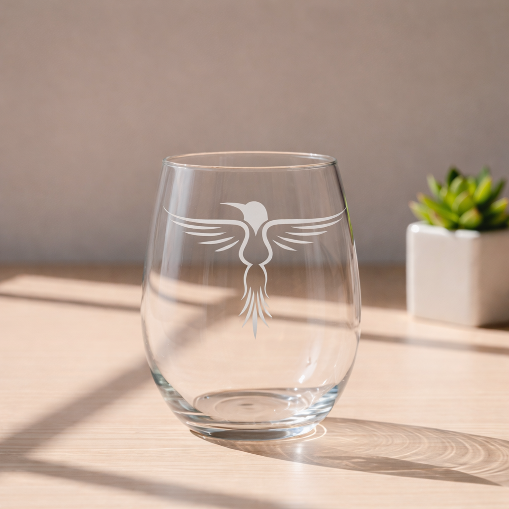 Stemless wine glass with a Rising Hummingbird Tribal