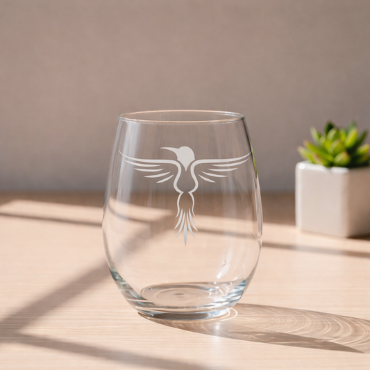 Stemless wine glass with a Rising Hummingbird Tribal