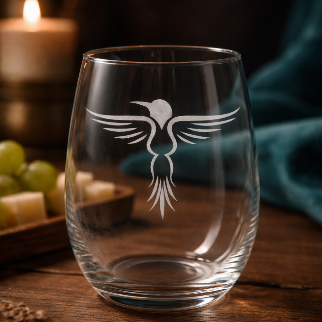 Stemless wine glass with a Rising Hummingbird Tribal