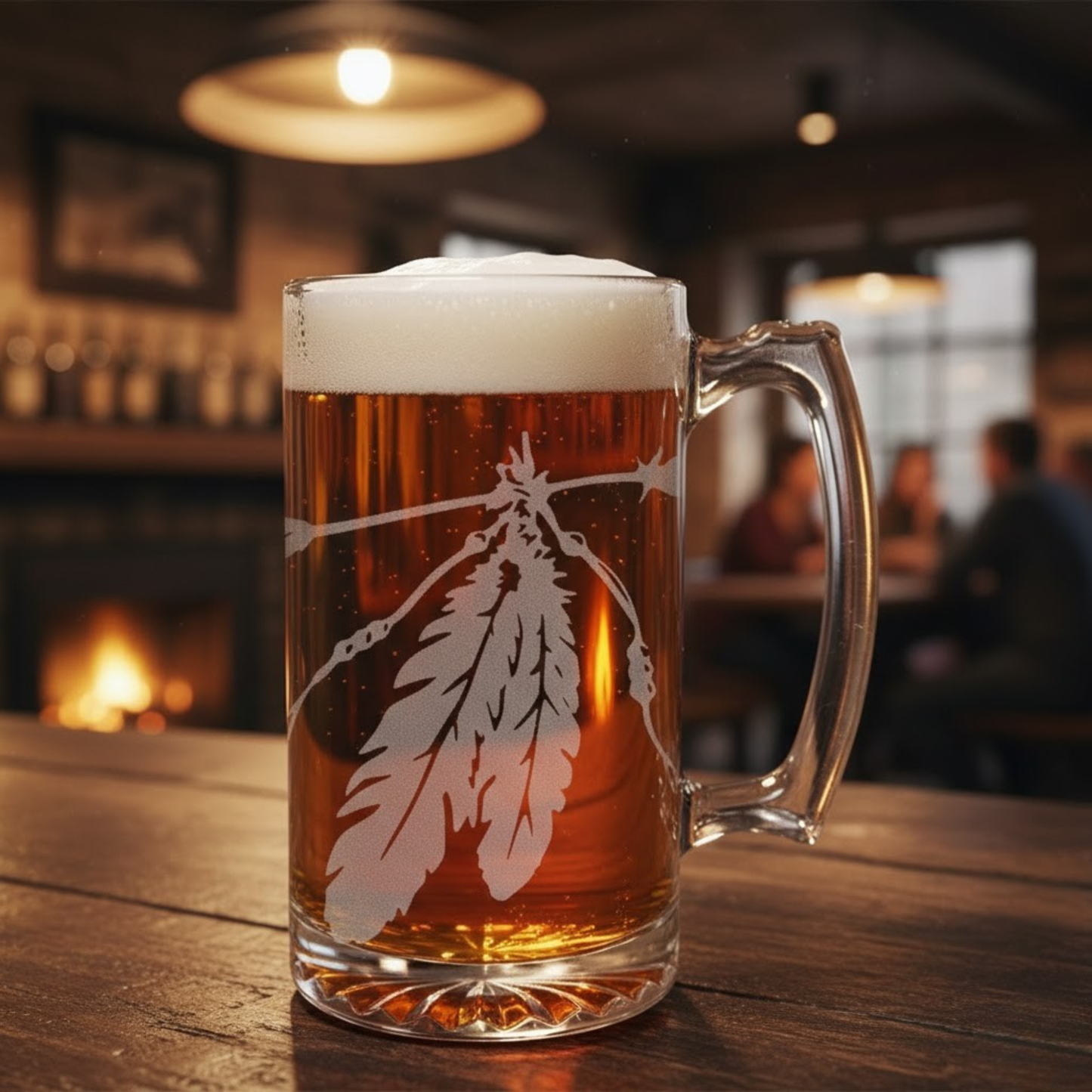 Hand Etched Two Feathers 26.5oz Tavern Beer Mug