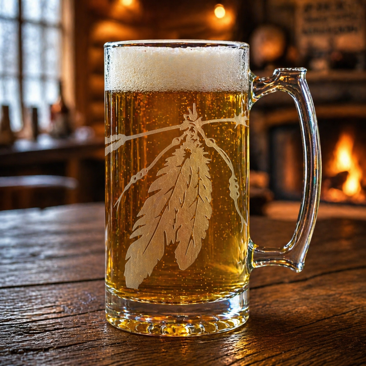 Etched Tavern Beer Mug 26.5oz | Two Feathers | Deep Carved Sandblasted Glass | Expressive DeZien