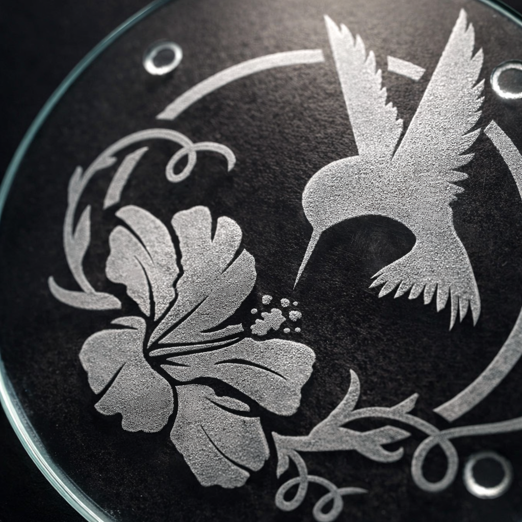 Glass Trivet | Hummingbird Hibiscus | Deep Carved Sandblasted & Etched Glass | Expressive DeZien