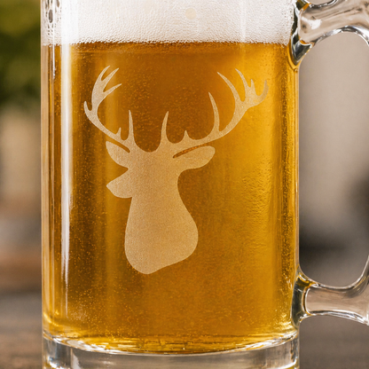Etched Tavern Beer Mug 26.5oz | Buck Mount Head | Deep Carved Sandblasted Glass | Expressive DeZien