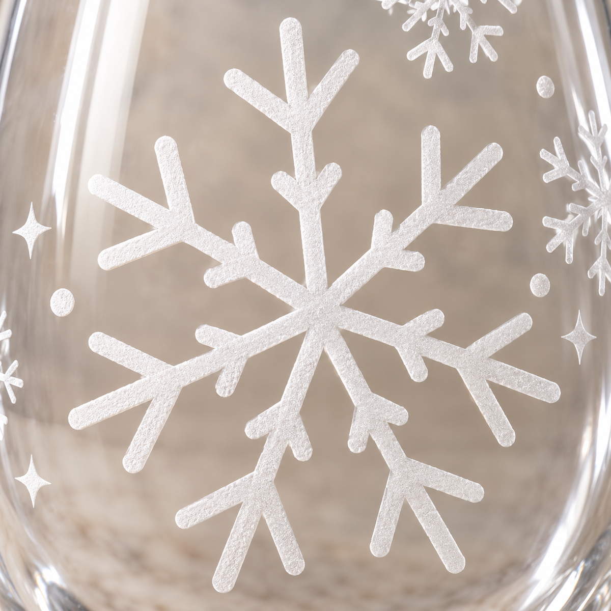 Frozen Symphony Snowflake design, permanently sandblasted on a clear 20.5 oz stemless wine glass, product view 2