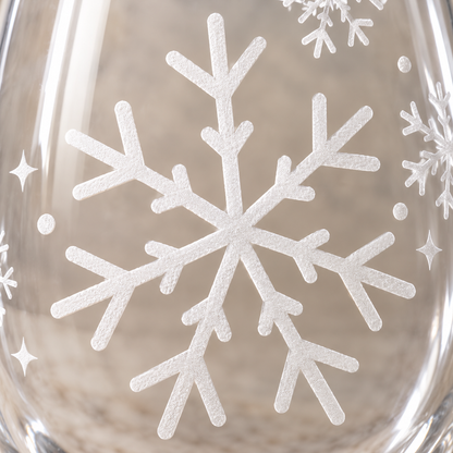 Frozen Symphony Snowflake design, permanently sandblasted on a clear 20.5 oz stemless wine glass, product view 2