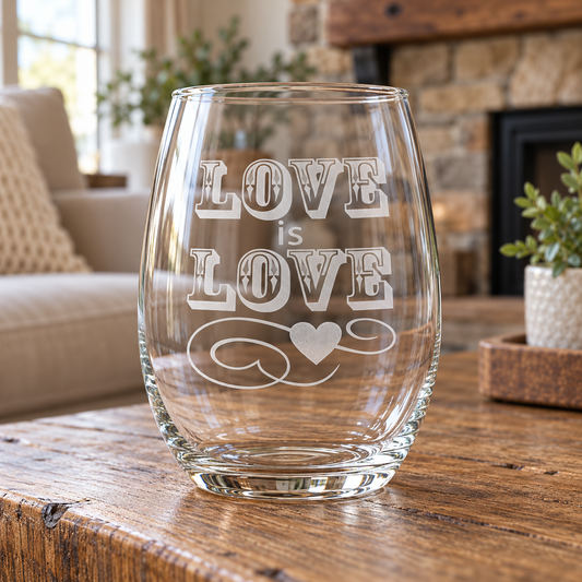 Love Is Love etched stemless wine glass. Empty glass showing decorative lettering, heart, and flourish.