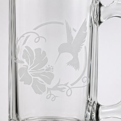 Etched Tavern Beer Mug 26.5oz | Hummingbird Hibiscus | Deep Carved Sandblasted Glass | Expressive DeZien