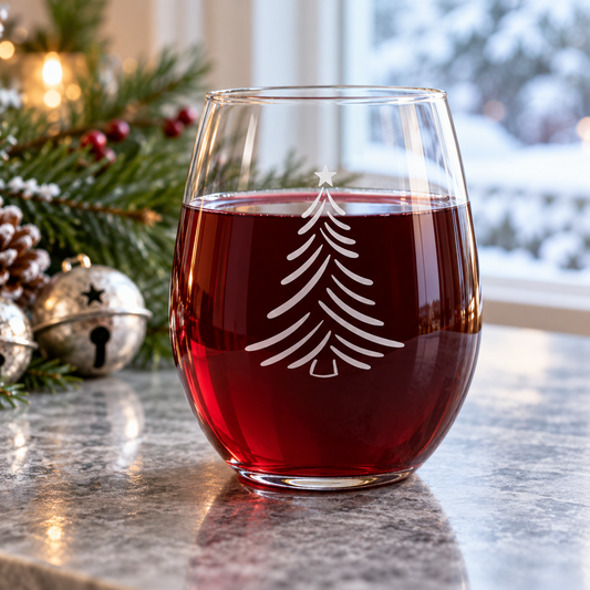 Elegant Evergreen Etched Stemless Wine Glass | 20.5 oz