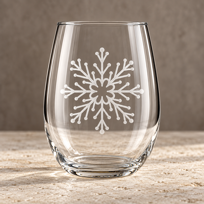 Queen's Whirl Snowflake design, permanently sandblasted on a clear 20.5 oz stemless wine glass, product view 5