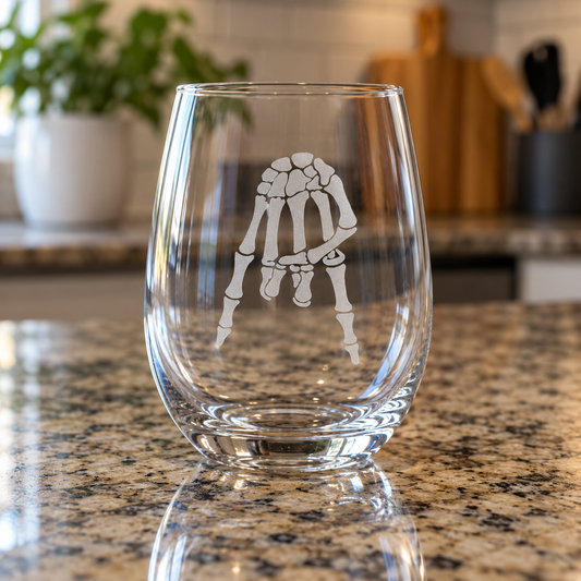 Etched Stemless Wine Glass 20.5oz | Horns Down Skeleton Hand | Deep Carved Sandblasted Glass | Expressive DeZien