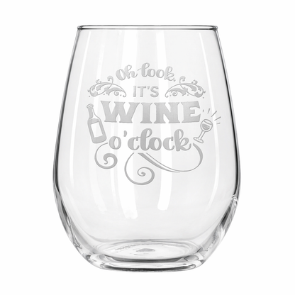Etched Stemless Wine Glass 20.5oz | Oh Look It's Wine O'Clock | Deep Carved Sandblasted Glass