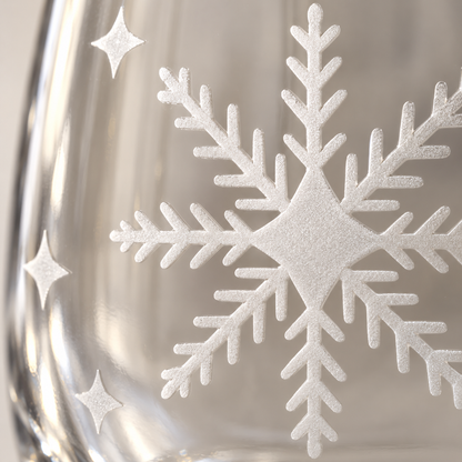 Arctic Lace Whisper Snowflake design, permanently sandblasted on a clear 20.5 oz stemless wine glass, product view 2
