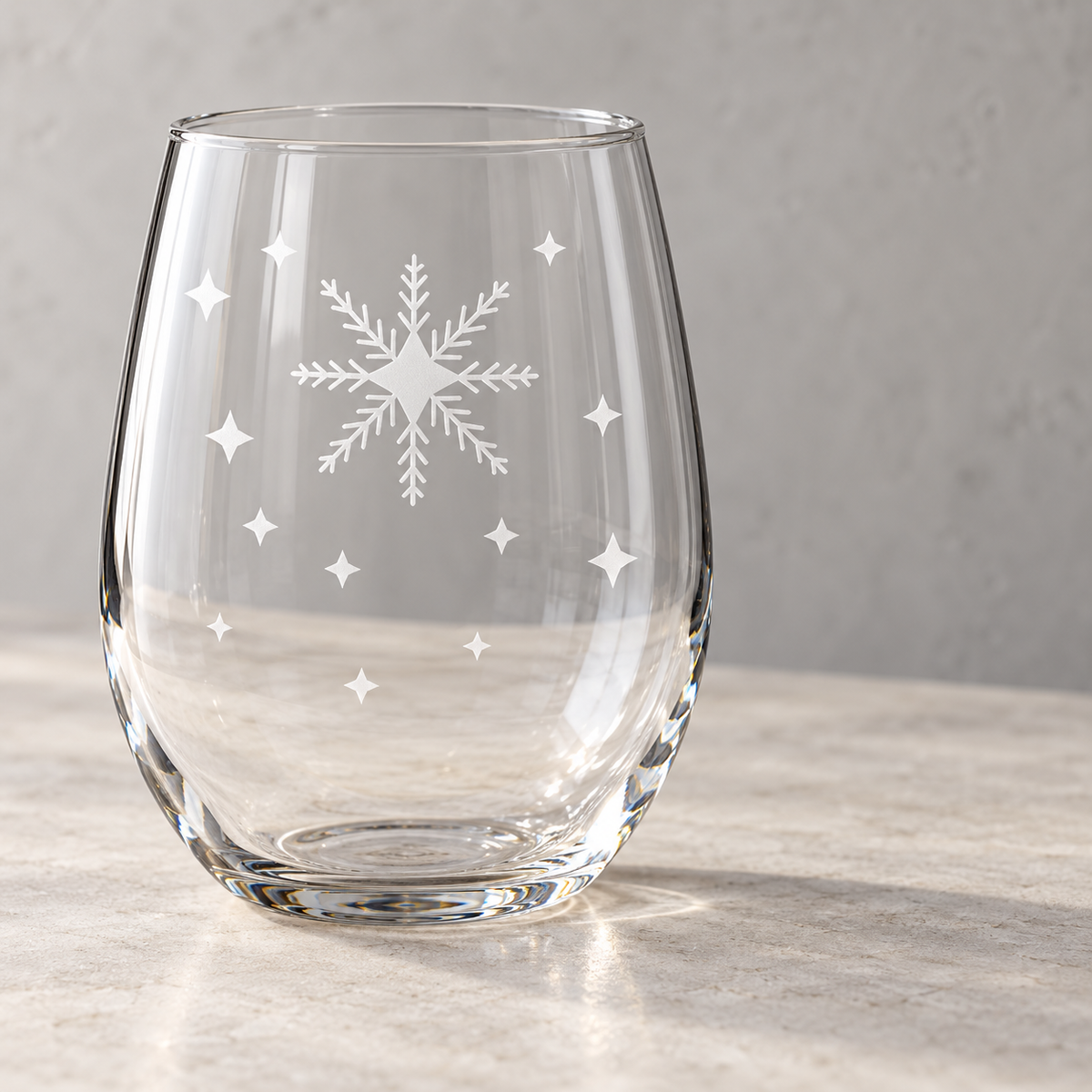 Arctic Lace Whisper Snowflake design, permanently sandblasted on a clear 20.5 oz stemless wine glass, product view 3