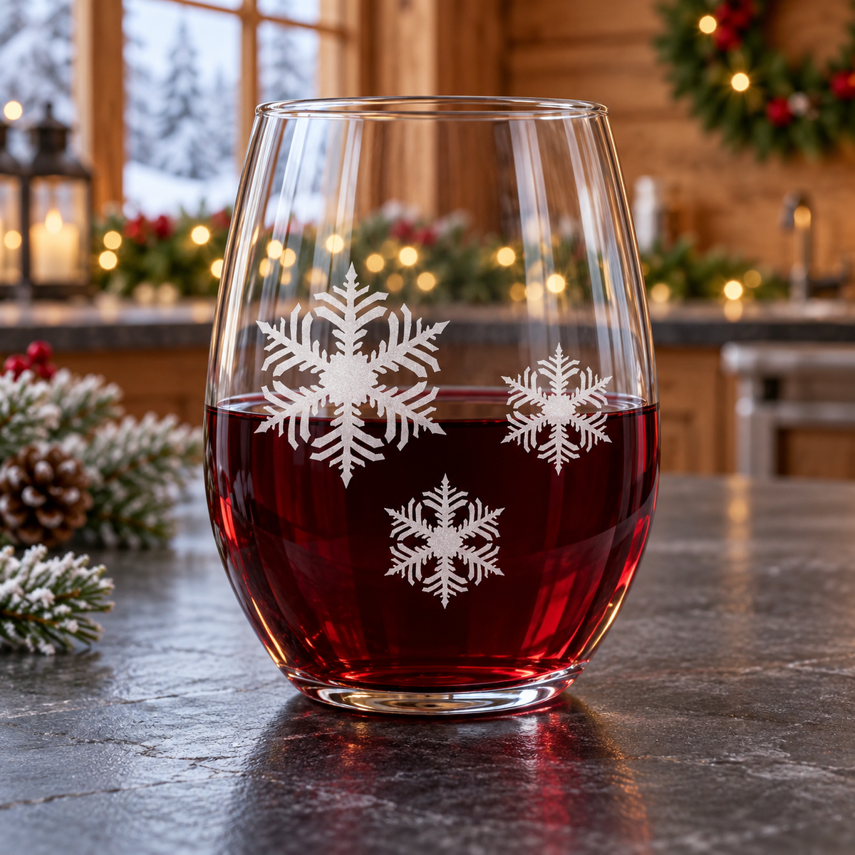 Celestial Frost Snowflake design, permanently sandblasted on a clear 20.5 oz stemless wine glass, product view 1