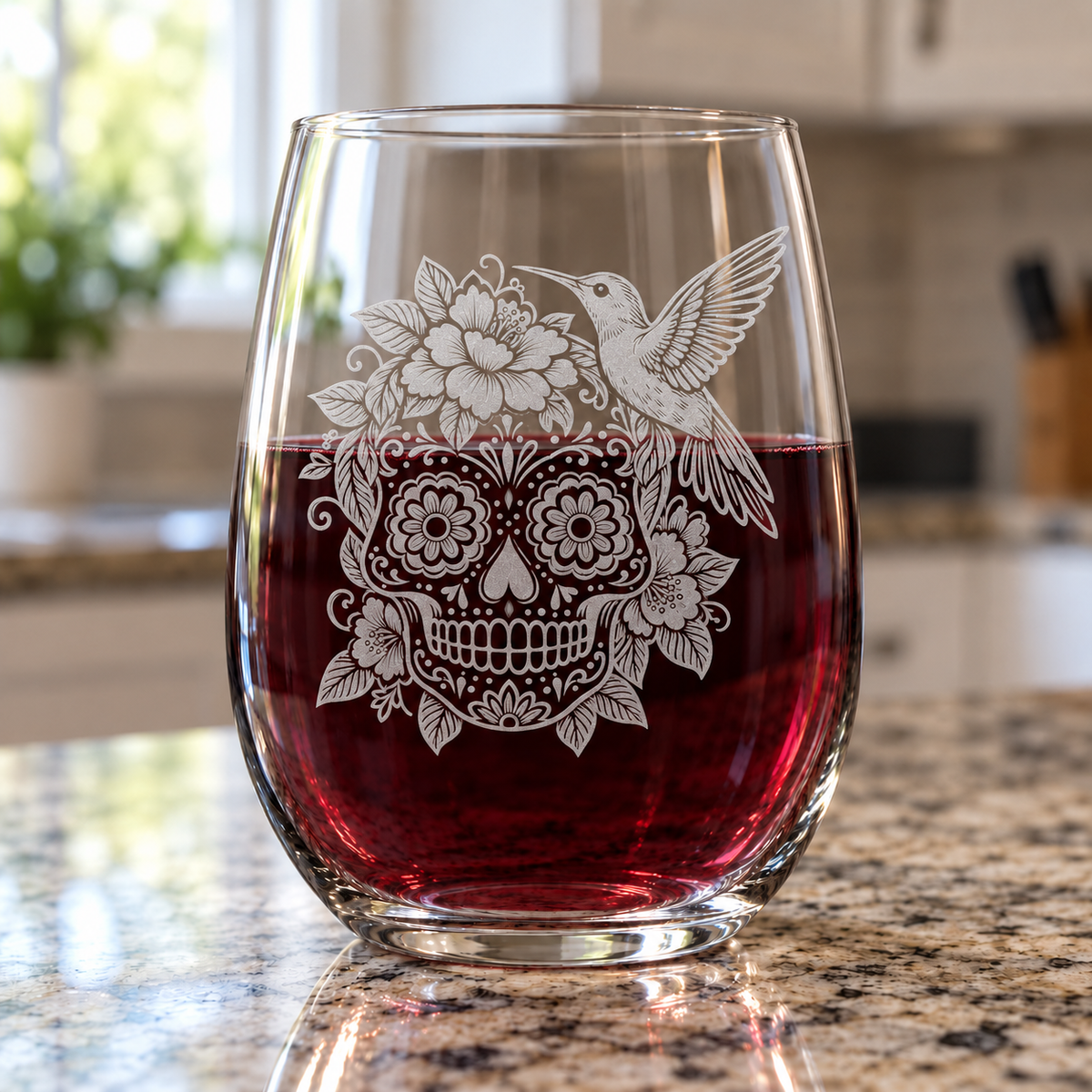 Etched Stemless Wine Glass 20.5oz | Day of the Dead Hummingbird Hibiscus Sugar Skull | Deep Carved Sandblasted Glass | Expressive DeZien