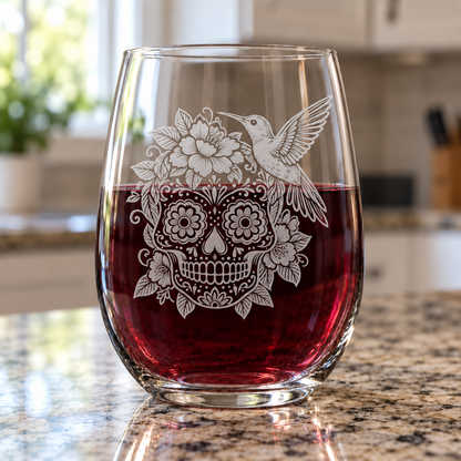 Etched Stemless Wine Glass 20.5oz | Day of the Dead Hummingbird Hibiscus Sugar Skull | Deep Carved Sandblasted Glass | Expressive DeZien