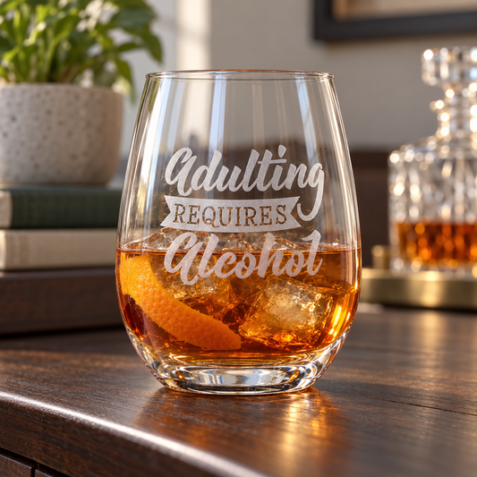 Adulting Requires Alcohol Sandblasted Stemless Wine Glass by Expressive DeZien with permanent sandblasted artwork