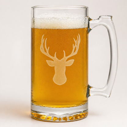 Etched Tavern Beer Mug 26.5oz | Deer Mount Head | Deep Carved Sandblasted Glass | Expressive DeZien