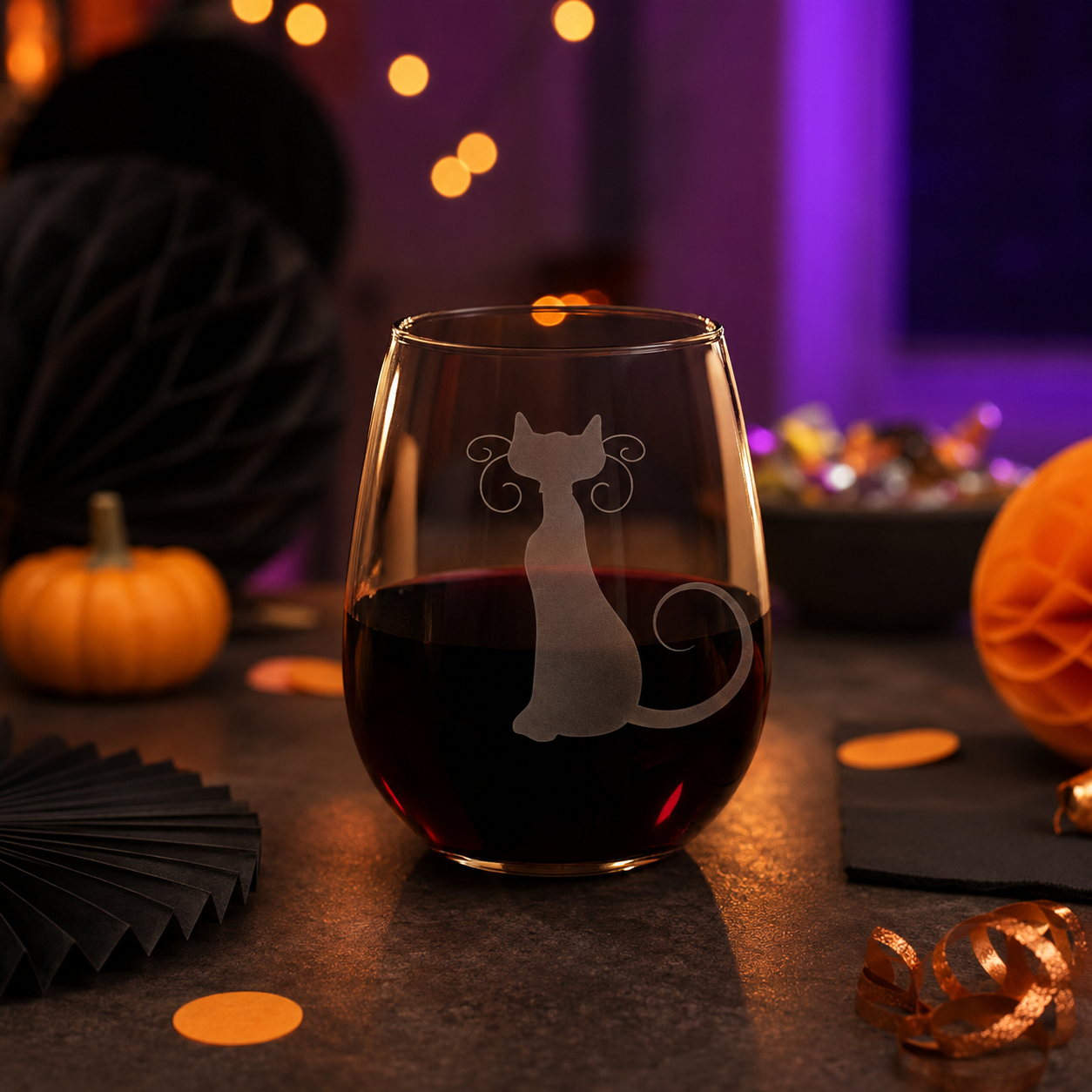 Etched Stemless Wine Glass 20.5oz | Halloween Cat | Deep Carved Sandblasted Glass | Expressive DeZien