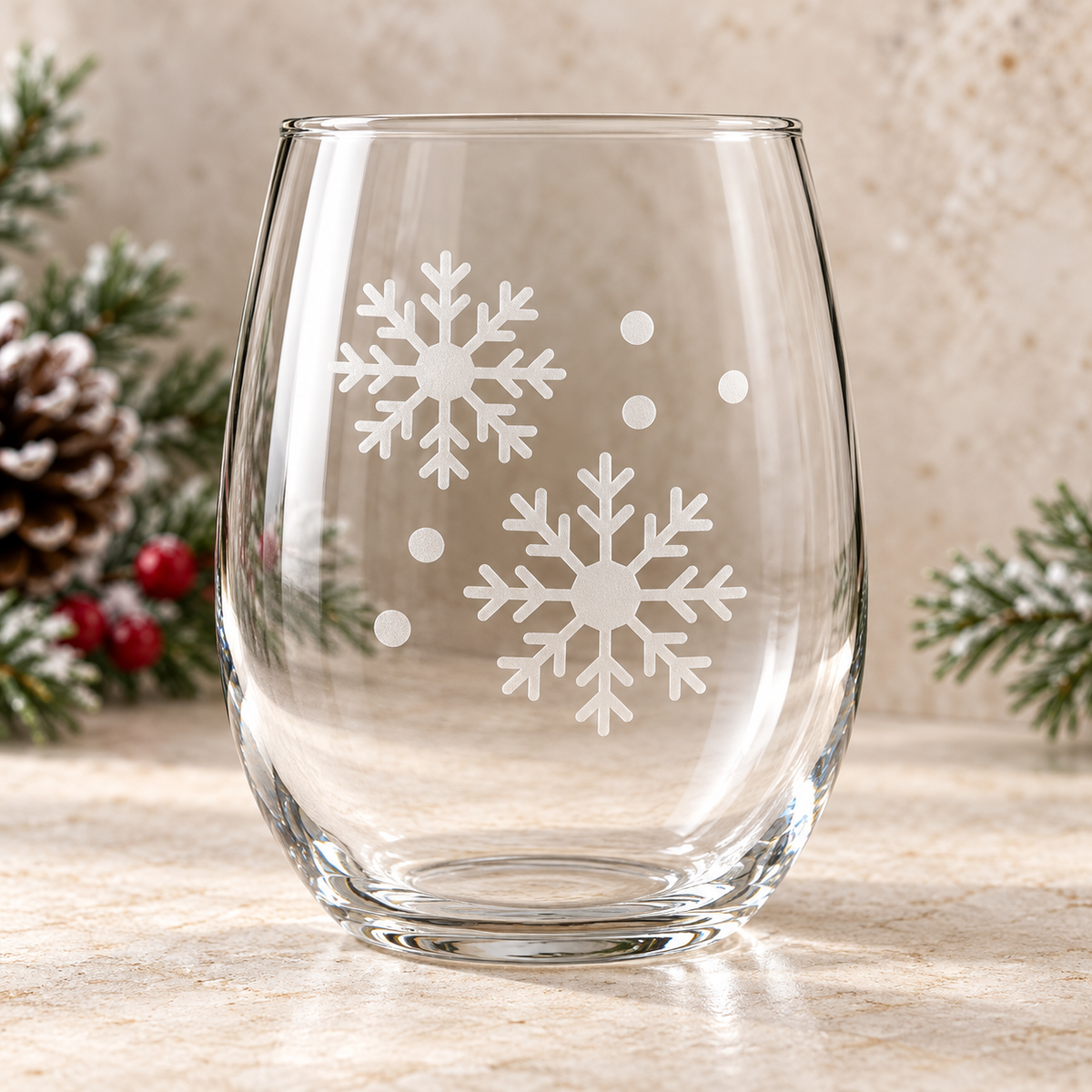 Icy Veil Snowflake design, permanently sandblasted on a clear 20.5 oz stemless wine glass, product view 5