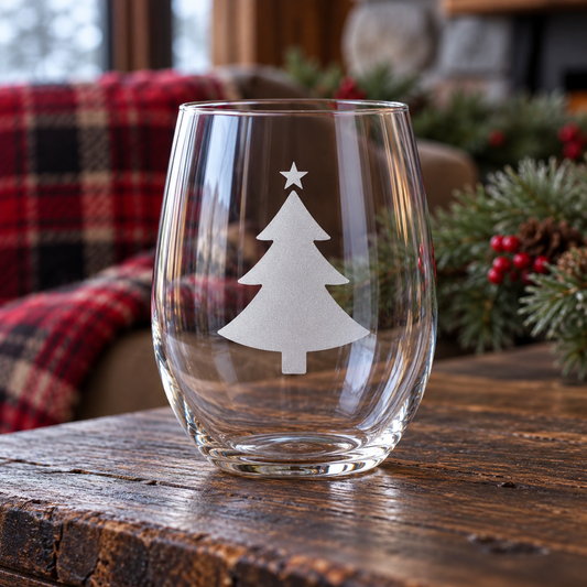 Festive Christmas Tree Etched Stemless Wine Glass | 20.5 oz
