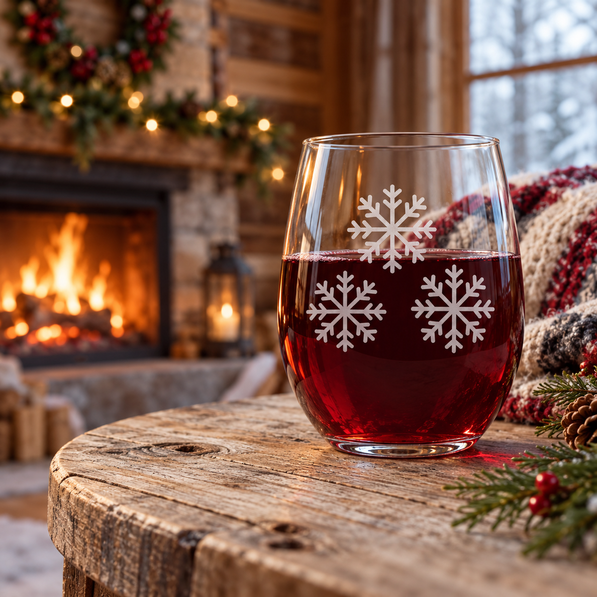 Frosty Lace Snowflake design, permanently sandblasted on a clear 20.5 oz stemless wine glass, product view 1