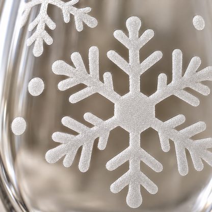 Icy Veil Snowflake design, permanently sandblasted on a clear 20.5 oz stemless wine glass, product view 2