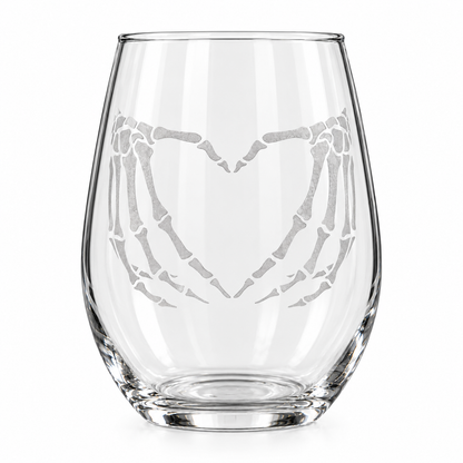 Etched Stemless Wine Glass 20.5oz | Skeleton Love | Deep Carved Sandblasted Glass | Expressive DeZien
