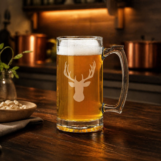 Etched Tavern Beer Mug 26.5oz | Deer Mount Head | Deep Carved Sandblasted Glass | Expressive DeZien