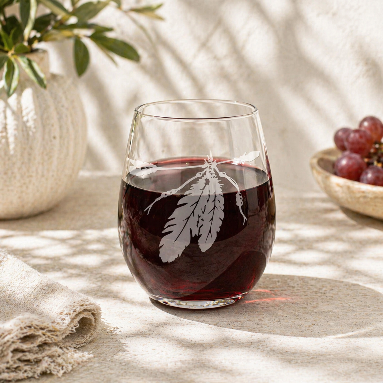Etched Stemless Wine Glass 20.5oz | Two Feathers | Deep Carved Sandblasted Glass | Expressive DeZien