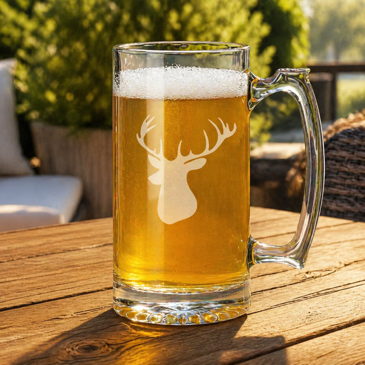 Etched Tavern Beer Mug 26.5oz | Buck Mount Head | Deep Carved Sandblasted Glass | Expressive DeZien