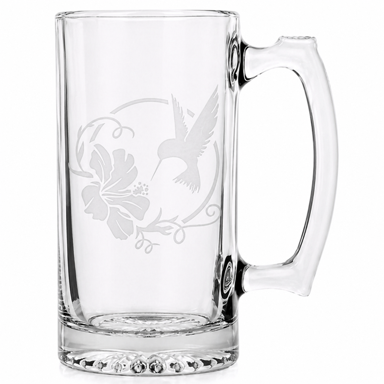 Etched Tavern Beer Mug 26.5oz | Hummingbird Hibiscus | Deep Carved Sandblasted Glass | Expressive DeZien