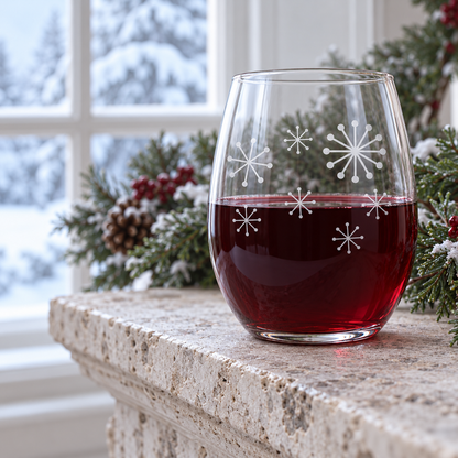 Retro Winter Snowflake design, permanently sandblasted on a clear 20.5 oz stemless wine glass, product view 1