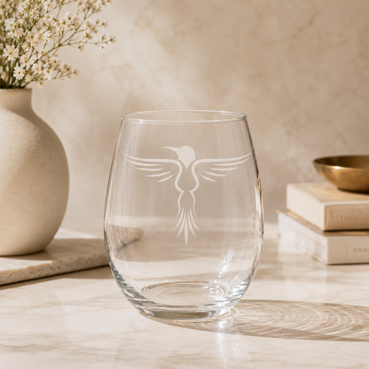 Rising Hummingbird Tribal Etched Stemless Wine Glass | 20.5 oz