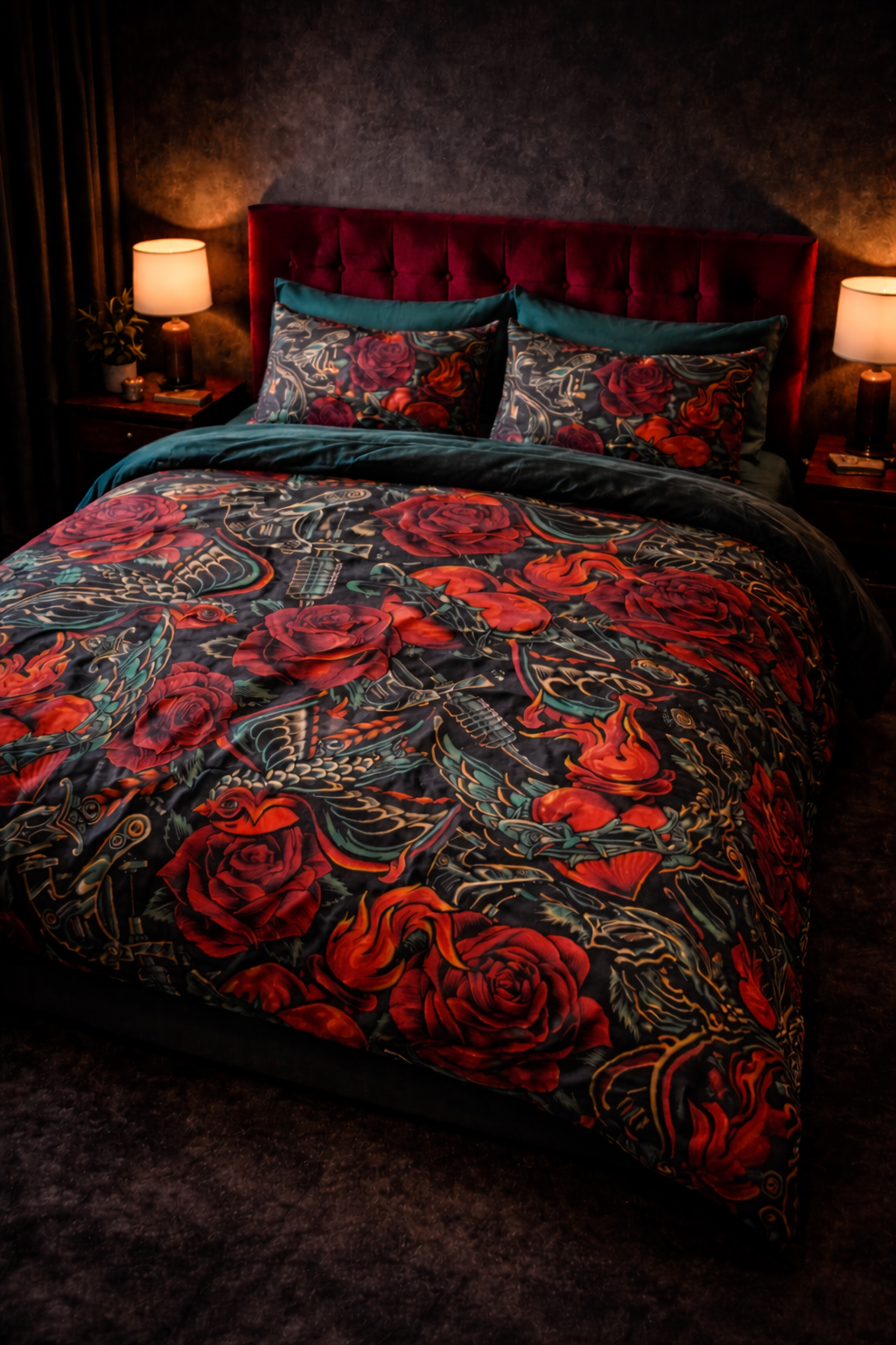 Vintage tattoo comforter with red roses swallows and anchors on black background