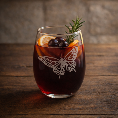 Etched Stemless Wine Glass 20.5oz | Butterfly V2 | Deep Carved Sandblasted Glass | Expressive DeZien